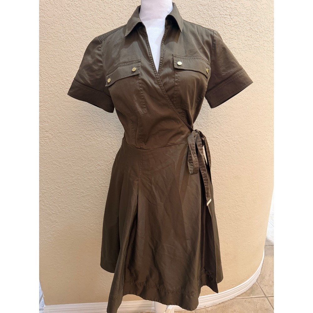 Michael Kors Olive Green Safari Wrap Dress Short Sleeve Gold Button Size 6